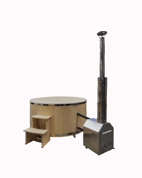 Hot Tub 180cm Fiberglass mit außen Holzofen inklusive und Luxusausstatung, Thermo deckel, LED Beleuchtung